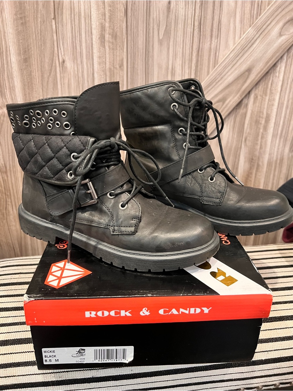 Rock & Candy Black Quilted Cuff Lace-Up Combat Boots